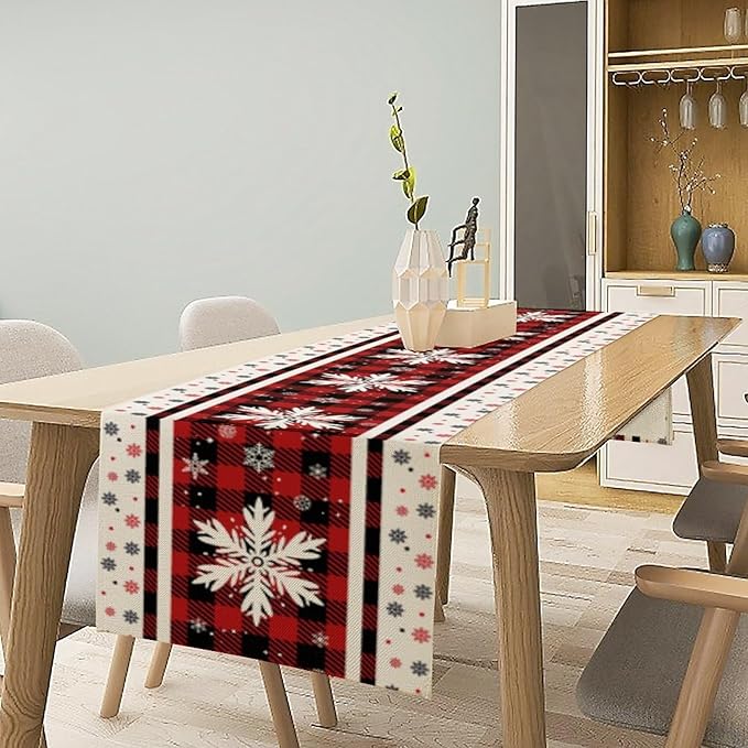 Snowflakes Christmas Table Runner,Red Buffalo Plaid Seasonal Winter Kitchen Dining Table Decoration for Home Party Decor 13x108 Inch