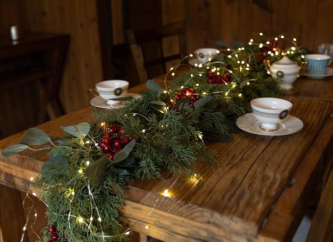 6.3FT Christmas 144 Branch Tips Cedar Garland with LED String Lights, Anna's Whimsy Seasonal Artificial Pine Cypress Garland, Holiday Indoor Outdoor Christmas Decor