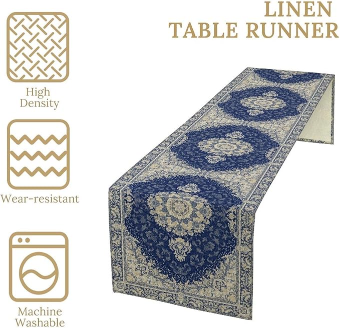 Boho Bohemia Style Dark Blue Table Runner, Country Rustic Farmhouse Magical Abstract Print Pattern for Home Kitchen Table Decor Dining Coffee Room Garden Party Decor 13x108in