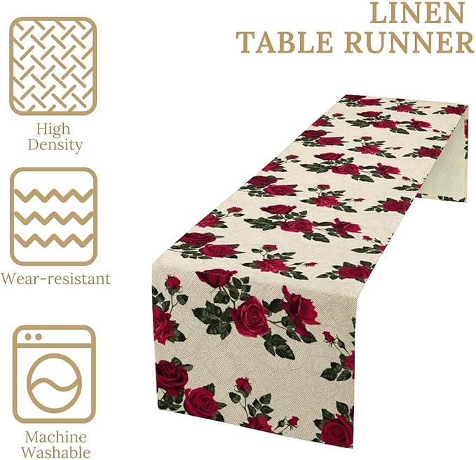 Vintage Rose Table Runner, Red Flowers Green Leaves Valentine's Day Table Runner for Kitchen Dinning Table Runner Decor Home Wedding Party Holiday, 13x120 Inch