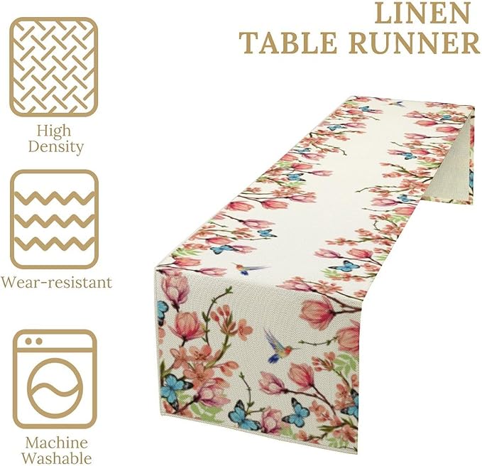 Spring Floral Bird Table Runner, Watercolor Pink Flower Plants Nature Butterfly Table Runner for Kitchen Dinner Living Room Home Party, 13x60 Inch