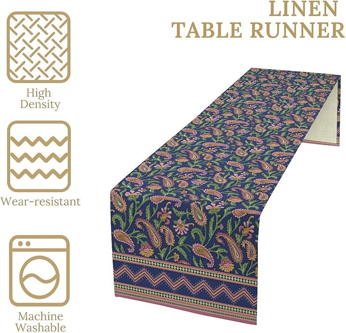 Colorful Paisley Floral Table Runner, Vintage Pink Purple Flowers Green Plants Leaves Print Table Runner for Kitchen Dining Table Indoor Outdoor Home Party, 13x108inch
