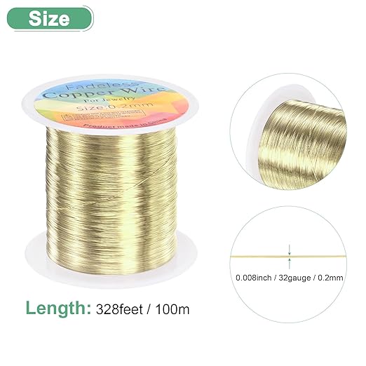 0.2mm Jewelry Wire, 32 Gauge 328FT Craft Wire Copper Beading Wire for Jewelry Making/Planting/Weaving/DIY Crafting, Soft Metal Wires [100M, Light Golden]