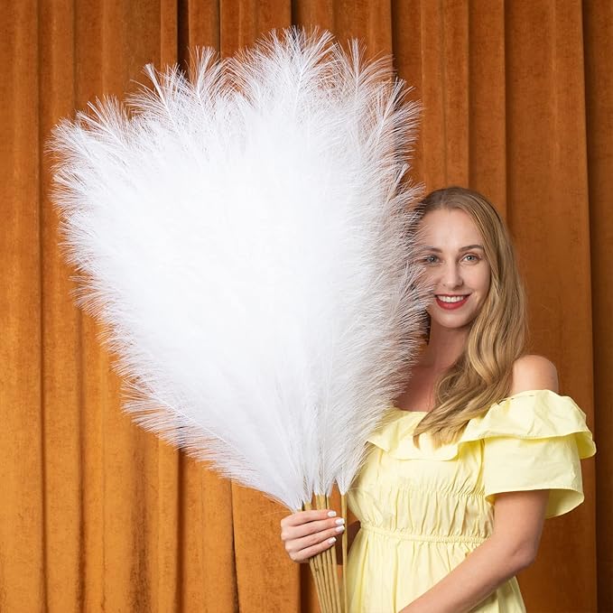 EVODIS Pampas Grass Decor Tall, 43"/110cm Faux Pampas Grass 6 Stems Large Pompass Grass Branches Tall Bulk Boho Flower Arrangement for Home Room Wedding Party Decor (White)