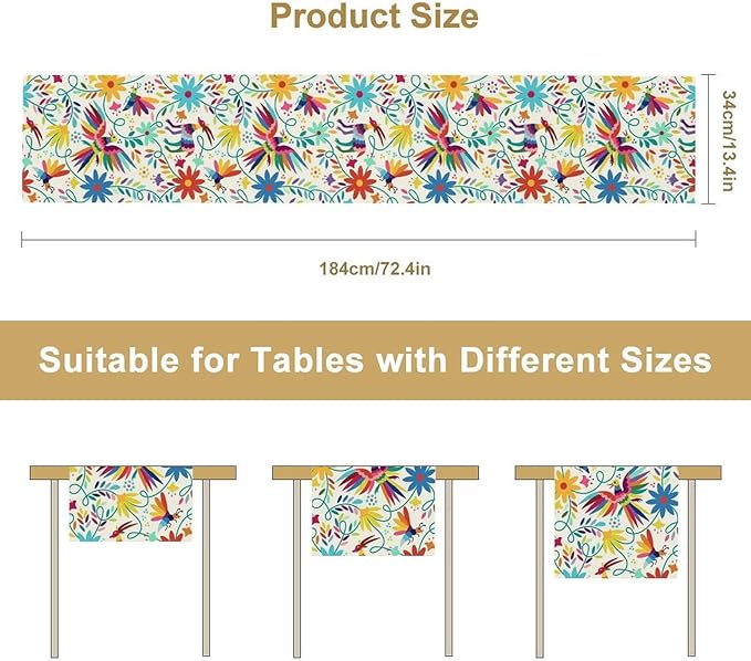 Mexican Table Runner,Boho Colorful Nature Inspired Flowers and Birds Table Cloth Kitchen Dining Table Home Party Decoration 13x72 Inch