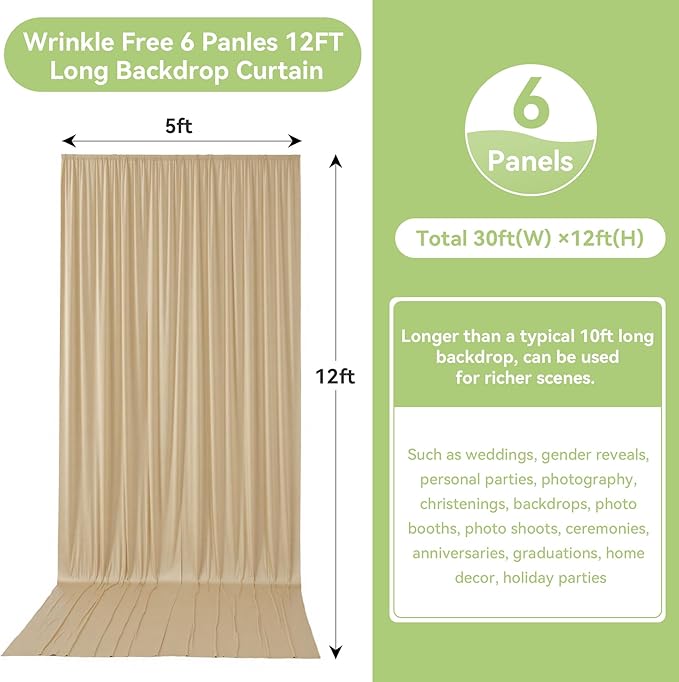 30ftx12ft Wrinkle Free Beige Backdrop Curtain, 6 Panels 12FT Height Beige Wedding Backdrop Drapes, Silky Polyester Back Drop Cloth for Birthday Photography Background Party Backdrop Draping