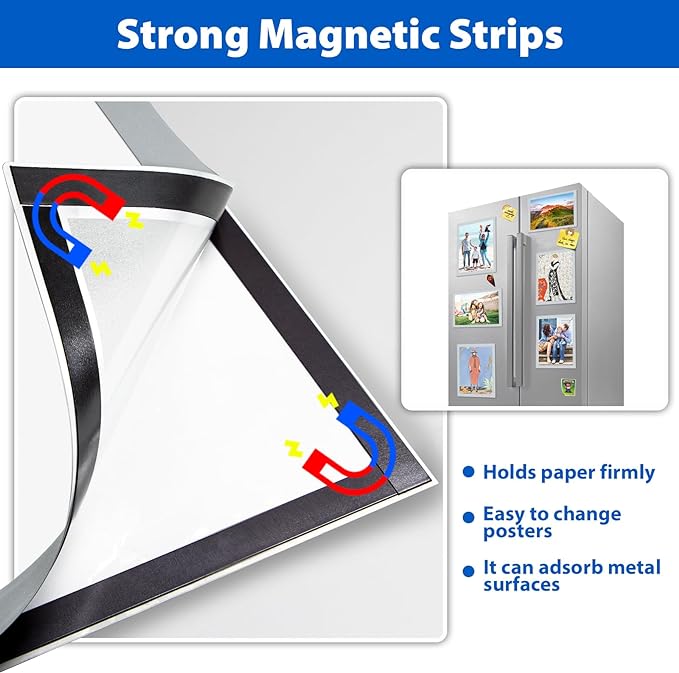 2Packs Magnetic Sign Holder 8.5 x 11 Self Adhesive Display Frames with Strong Magnetic Frame and Clear PVC for Office Store Home Door Window Refrige Magnetic Paper Holder, Silver