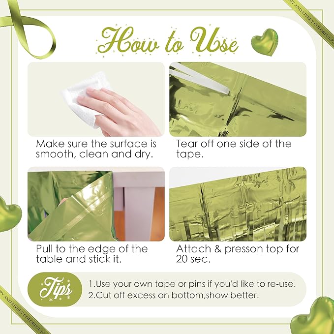 2 Pack Lime Green Table Skirts, 29x108" Metallic Foil Tinsel Fringe Table Skirt for Rectangle Tables Streamer Curtains Backdrop, Party Decorations for Birthdays, Weddings, Holidays