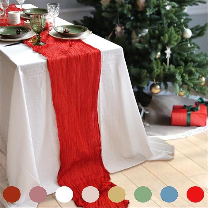 Red Table Runner Cheesecloth 142'' Rustic Gauze Wedding Runner, Christmas Cheese Cloth Tablecloth, Gauze Cheesecloth Wedding Shower Decorations Rustic Theme Tablecloth