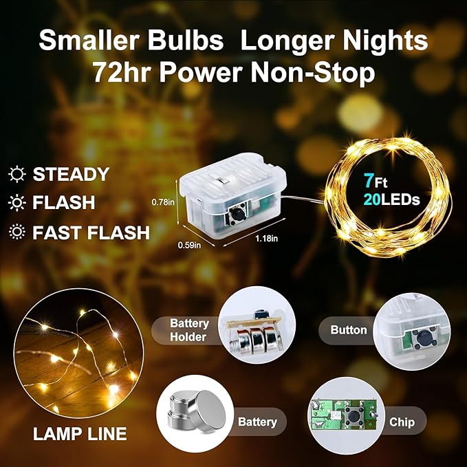 Aogist 50 Pack Fairy Lights 3 Modes 7ft 20 LED Waterproof,Battery Operated Silver Wire Firefly Starry Moon Mini String Lights for Mason Jars Christmas DIY Crafts Wedding Party Bedroom,Warm White