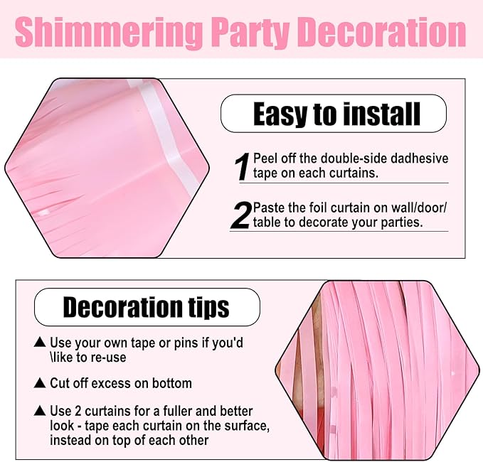 6 Pack Macaron Pink Foil Fringe Curtain Backdrop, 3.28Ft x 8.2Ft Metallic Tinsel Foil Fringe Streamer Curtains for Photo Booth, Birthday, Wedding, New Year Party Decorations