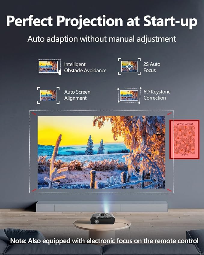 4K Projector Auto Focus HDR WiFi 6, Smart Daylight Projector 4K High Lumen 2300 ANSI LED 1080P Ultra HD Ceiling Home Theater Karaoke Movie Gaming Indoor Outdoor with Bluetooth HDMI USB Ethernet Apps