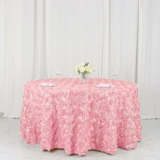 Efavormart 120" Wholesale Round Table Cover Pink Grandiose Rosette 3D Satin Tablecloth for Wedding Party Event Decoration