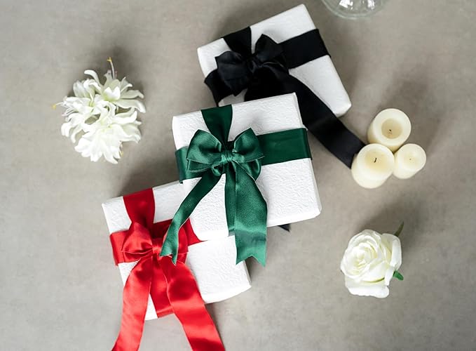 Black Satin Ribbon Double-Faced Wired Ribbons for Gift Wrapping Flower Bouquet Bows Wedding Invitation Christmas Decor Crafts 1-1/2 Inch 10 Yards