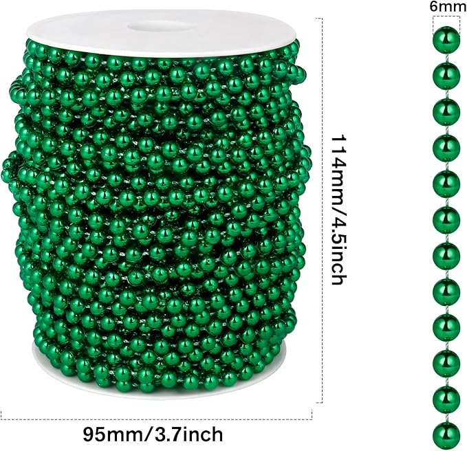 [98 Feet] Green Pearl Beads Garland, 6MM 33 Yards Green Faux Pearl Beads String Roll Bulk for DIY Craft Christmas Tree Wedding Party Decoration