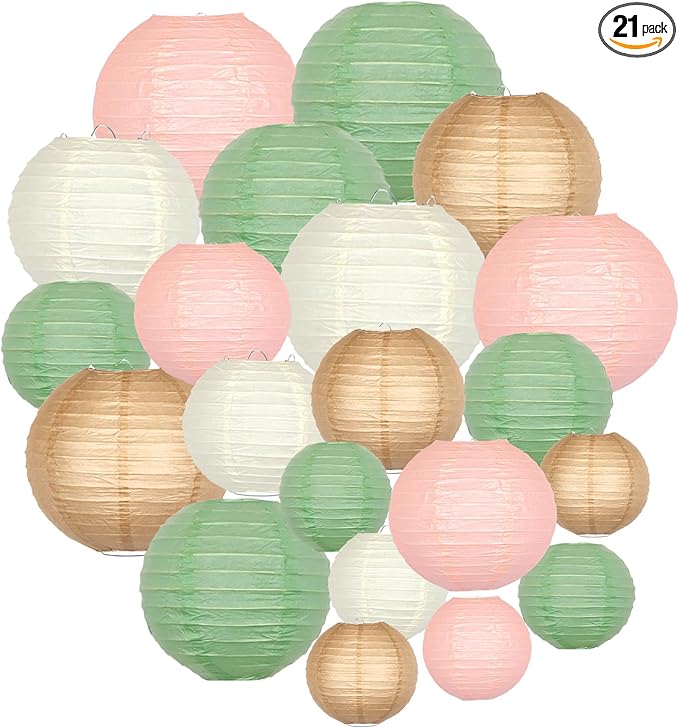 ADLKGG Paper Lanterns Party Decorative, Round Hanging Paper Lanterns Wedding Decorations for Sage Green Bridal Shower Birthday Rustic Party Neutral Baby Shower Home Decor Sage Green/Pink/Brown 21pcs