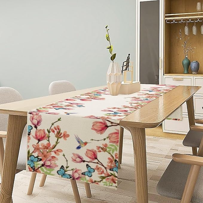 Spring Floral Bird Table Runner, Watercolor Pink Flower Plants Nature Butterfly Table Runner for Kitchen Dinner Living Room Home Party, 13x108 Inch