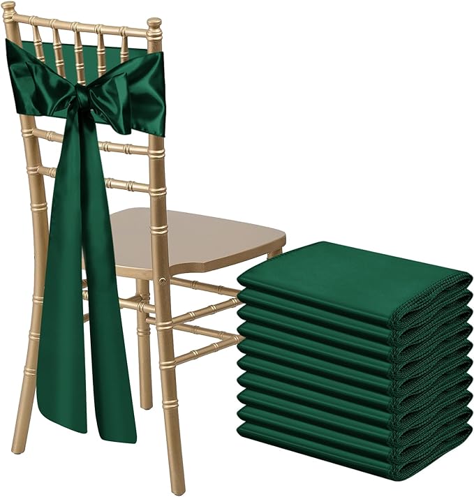 10 PCS Forest Green Satin Chair Sashes Bows Universal Chair Ribbon Ties Back Sash for Wedding Party Reception Events Banquets Hotel Event Chair Cover Decoration (7x108 inch)