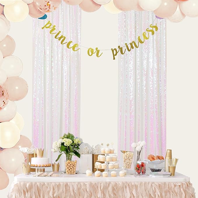 ShinyBeauty Sequin Backdrop 2FTx8FT Iridescent White 2 Pieces White Sequin Back Drop Glitter Background Sparkly Backdrop for Photograph Decorations