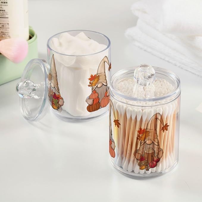 Gredecor 4 Pack Apothecary Jars with Lid Fall Gnome Maple Pumpkins Qtip Holder Dispenser Storage Containers Clear Plastic Cute Fall Autumn Thanksgiving Theme Canisters for Bathroom Vanity Organization