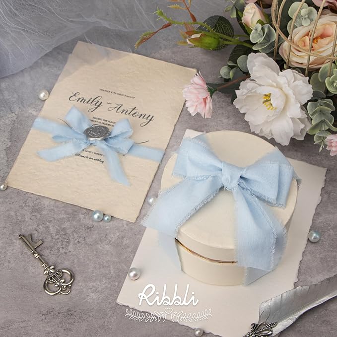 Ribbli 3 Rolls Light Blue Ribbon 1.5 Inch x 18Yards Handmade Cotton Frayed Fringe Ribbons for Gift Wrapping Wedding Invites Bridal Bouquets Baby Shower DIY Crafts Home Decor
