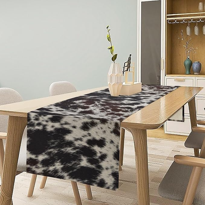 Cow Print Table Runner, Country Farm Animal Fur Skin Pattern Western Style Black Brown Cowhide Print Dinner Runner for Home Kitchen Dining Home Setting, 13x36 Inch
