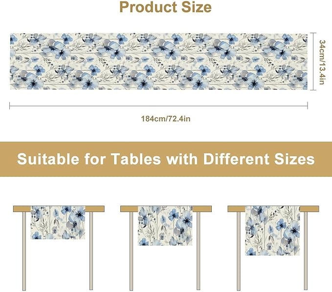 Watercolor Floral Table Runner, Blue Poppy Flower Seasonal Spring Summer Table Runner for Kitchen Dinning Table Runner Decor Home Wedding Party Holiday, 13x120 Inch