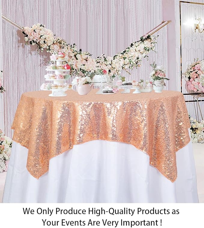 ShinyBeauty Square Tablecloth 72x72-Inch Sequin Tablecloth Overlay Rose Gold Table Cover Sequined Table Cloths for Wedding Rose Gold Shimmer Tablecloth Linen Square Overlay for Cocktail/Cake