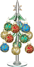 Glass Christmas Tree with 12 Ornament Glitter Balls Tabletop Wine Glass Charms Miniature Christmas Tree Gift for Xmas Holiday Party Novelty Season Home Decor, 7.7 Inch