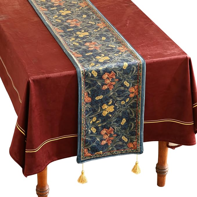 patdrea Designer Casual Wild Floral Velvet Table Runner 71 Inch Long, Dark Blue Occult Bouquets Pattern Table Mat, Decoration for Kitchen Dining Coffee Table Cabinet Banquet Thanksgiving,12"*71"