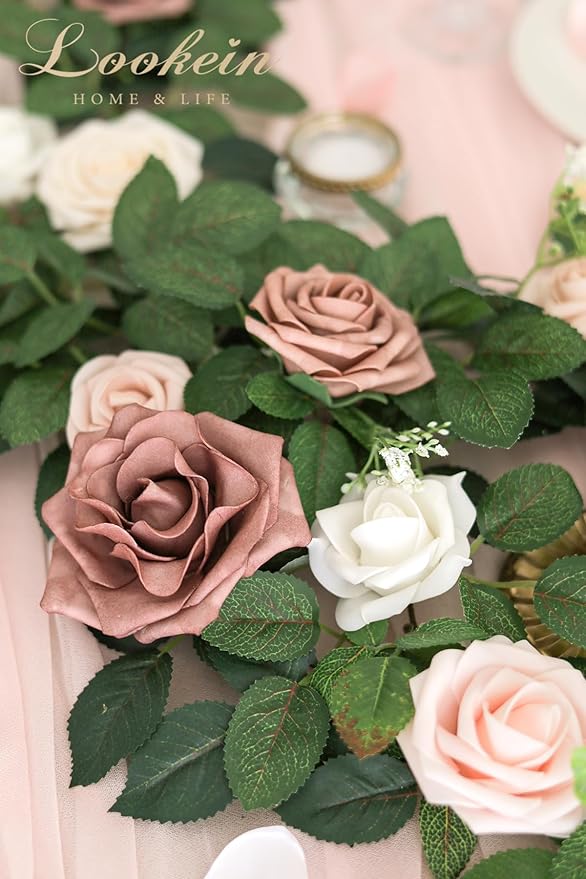 Lookein Artificial Rose Flower Garland Greenery Garland 5FT for Wedding Ceremony Backdrop Arch Flowers Table Centerpieces Decorations, Garden Dusty Rose