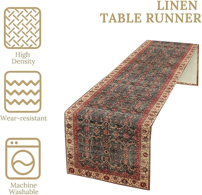 Vintage Boho Floral Table Runner, Rustic Country Farmhouse Red Teal Retro Flower Pattern for Home Kitchen Table Decor Dining Coffee Room Party Decor 13x90in