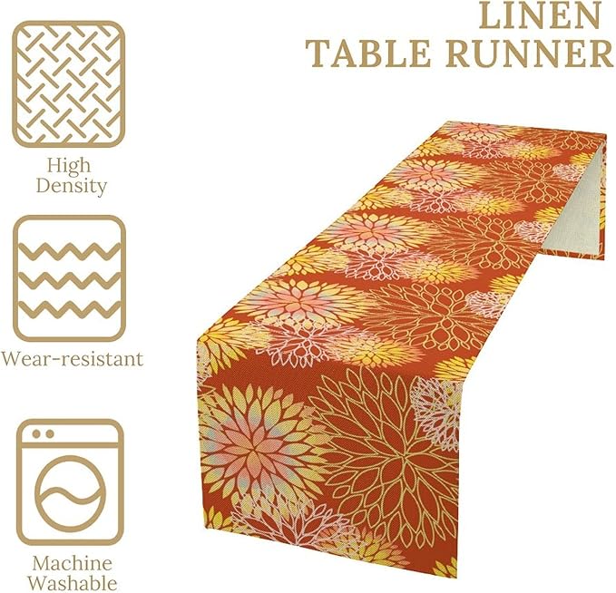 Yellow Floral Table Runner, Chrysanthemum Autumn Spring Summer Vintage Modern Linen Geometric Table Runner for Kitchen Living Room Bedroom Party Holiday, 13x120 Inch