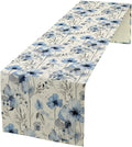 Watercolor Floral Table Runner, Blue Poppy Flower Seasonal Spring Summer Table Runner for Kitchen Dinning Table Runner Decor Home Wedding Party Holiday, 13x120 Inch