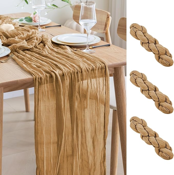 Asee'm 3pcs Cheesecloth Table Runner 120 Inches Long Khaki Boho Gauze Cheese Cloth Runner 10FT Rustic Sheer Table Runners for Christmas Wedding Party Baby Shower Spring Easter Decoration