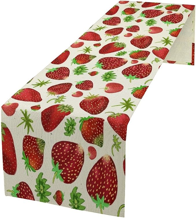 Strawberry Table Runner Spring Summer Fruit Wild Berry Forest Garden Dinner Runner for Girl Baby Shower Party Holiday Home Kitchen Dining Table Decor 13x60