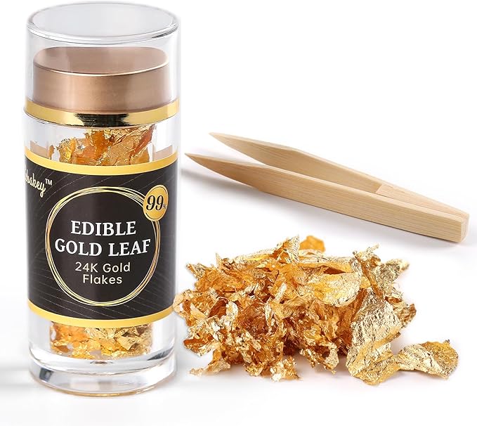 Cobakey Genuine Edible Gold Leaf Flakes - 50mg Edible Gold Flakes for Cake Decoration (Cupcake, Chocolate, Steak, Drink & Cooking), PureGold Leaf with Edible Glitter & Wooden Tweezers