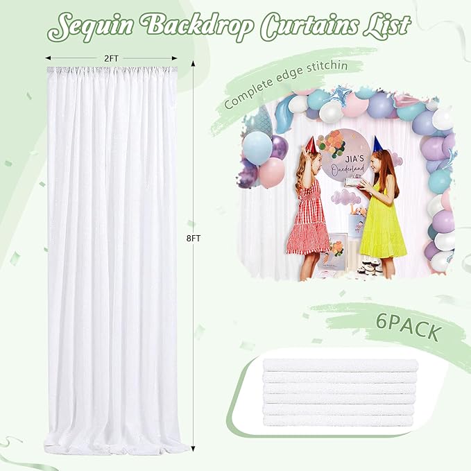 White Backdrop Curtain for Wedding Parties - 2ftx8ft Sparkly Sequin Fabric Drape 6 Panels White Curtain Baby Shower Birthday