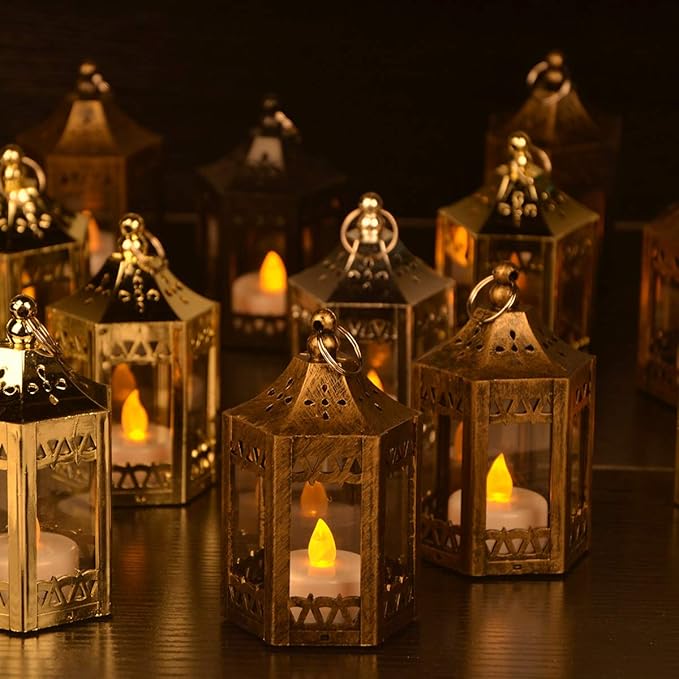 zkee Mini Star Lanterns with Flickering LED, Battery Included, Decorative Hanging Lanterns for Christmas and Indoor Use (Set of 8, Golden)