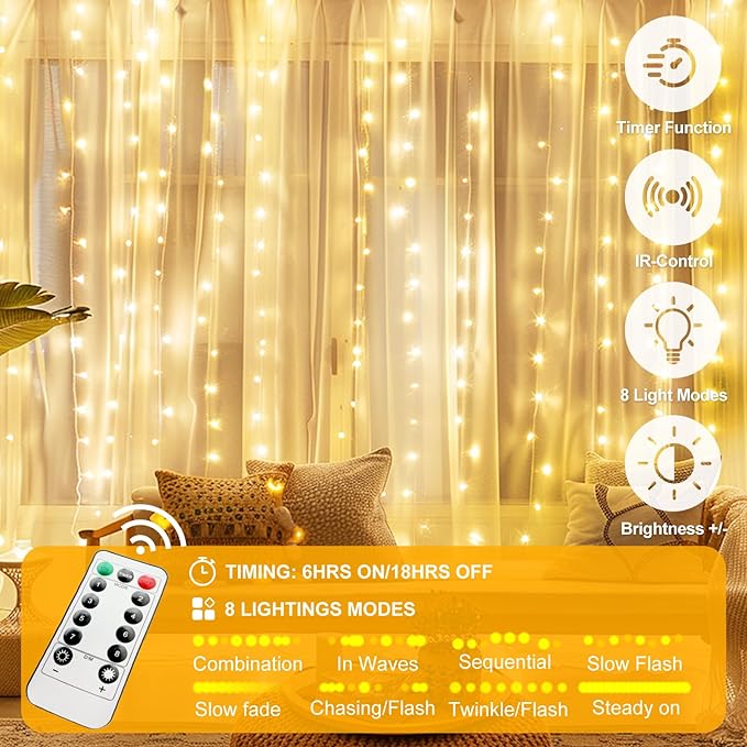 Fairy Curtain Lights Upgraded Tangle-Free Warm White USB Plug in 8 Modes String Hanging Lights with Remote for Christmas, Bedroom, Indoor, Outdoor, Weddings, Party (6.6FTx10FT)