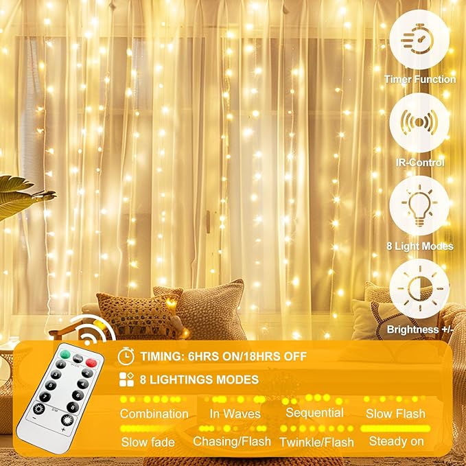 2 Pack Fairy Curtain Lights Upgraded Tangle-Free Warm White USB Plug in 8 Modes String Hanging Lights with Remote for Christmas, Bedroom, Indoor, Outdoor, Weddings, Party (10 FTx10 FT)
