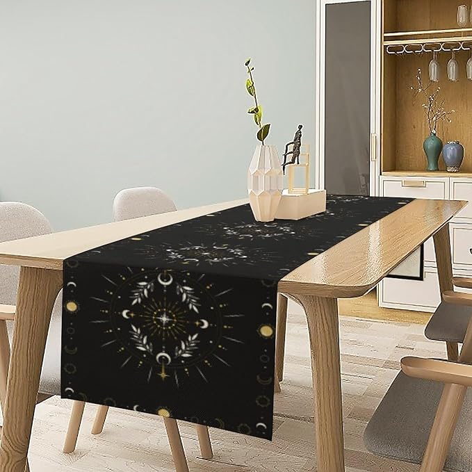 Sun Moon Table Runner - Magical Leaves Mysterious Western Traditional Elements Black White Table Runner for Party Living Room Home Kitchen Dinner - 13x70 Inch