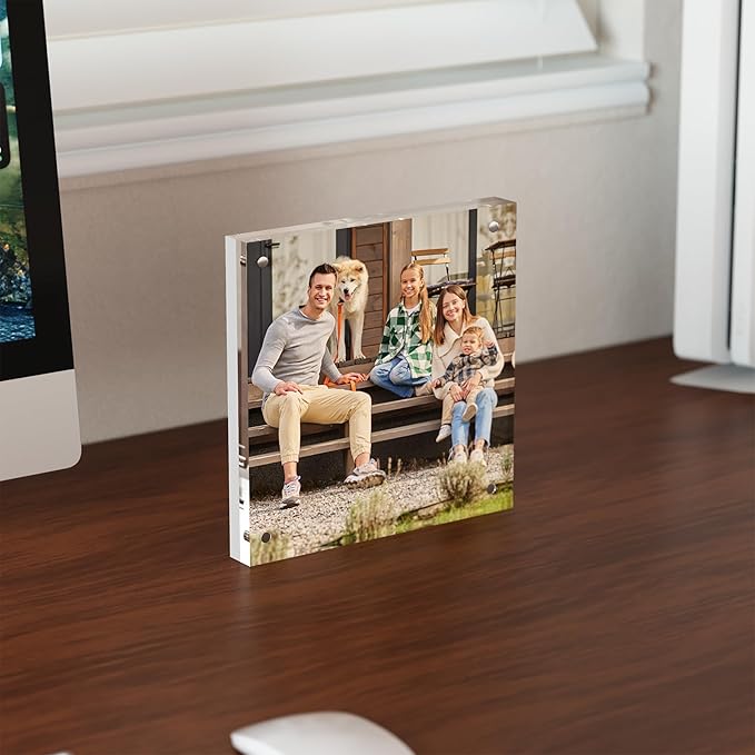 5x5 Acrylic Picture Frame 3 Pack, Clear Freestanding Double Sided Frameless Magnetic Photo Frames, Desktop Display Decor Gift