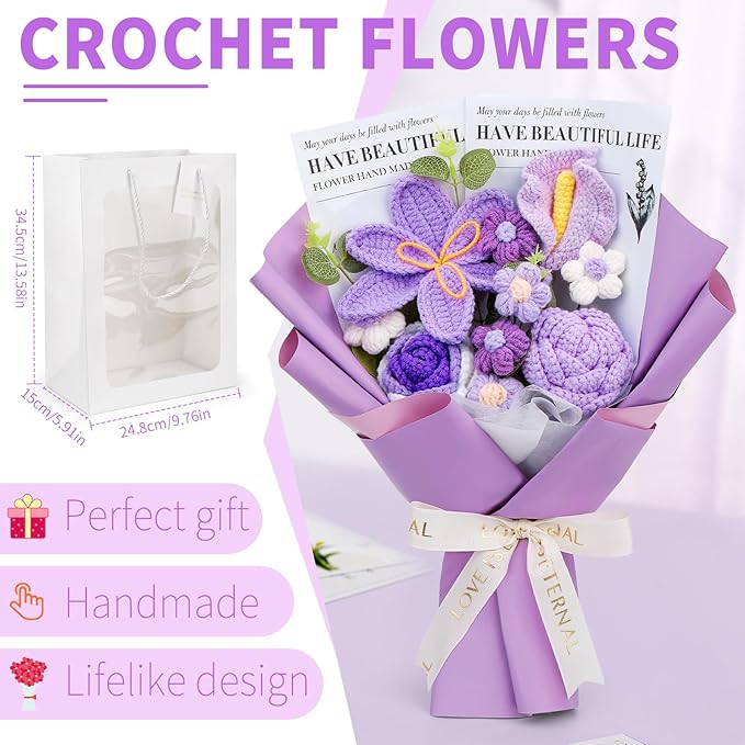 Crochet Flowers Bouquet, Handmade Knitting Crochet Flowers, Tulips Flower and Calla Lily Bouquet for Birthday, Teacher’s Day, Graduation, Valentines (Purple)
