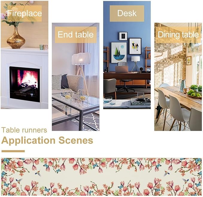 Spring Floral Bird Table Runner, Watercolor Pink Flower Plants Nature Butterfly Table Runner for Kitchen Dinner Living Room Home Party, 13x90 Inch