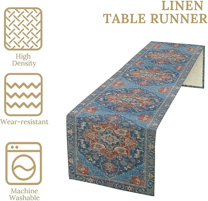 Boho Floral Vintage Table Runner, Retro Abstract Blue Flower Rustic Country Farmhouse Pattern for Home Kitchen Table Decor Dining Coffee Room Party Decor 13x120in