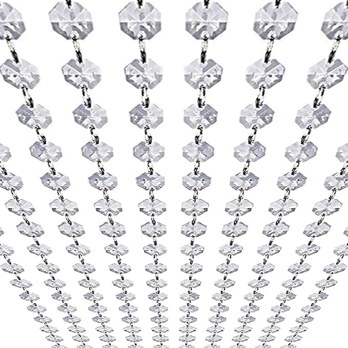 33ft K9 Glass Crystal Garland Strands - Hanging Chandelier Gem Bead Chain - 14mm Clear Octagon Prism Diamond String Decorations for Wedding Party Manzanita Centerpiece Christmas Tree