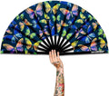 UV Glow Rave Fan, Bamboo Folding Clack Hand Fans Foldable for Men Women, Boots on the Ground Poping Fan for EDM Festival Line Dance Decoration, (Butterfly-1, Large 13")