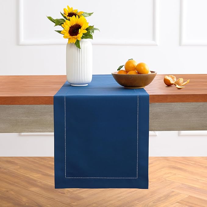 Solino Home Cotton Linen Table Runner 48 Inches - Lapis Blue Hemstitch Table Runner 14 x 48 Inch Ideal for Dresser and Coffee Tables - Fall, Autumn, Halloween