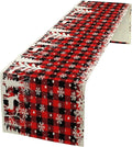 Christmas Table Runner,Red Black Plaid Xmas Snowflakes Deer Trees Print Tablecloth Burlap for Hotel Indoors Outdoor Dining Room Kitchen Home Decor,W13X L60 in